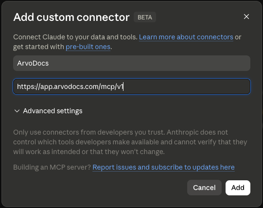 Add custom connector dialog with ArvoDocs as the name and https://app.arvodocs.com/mcp/v1 as the URL.