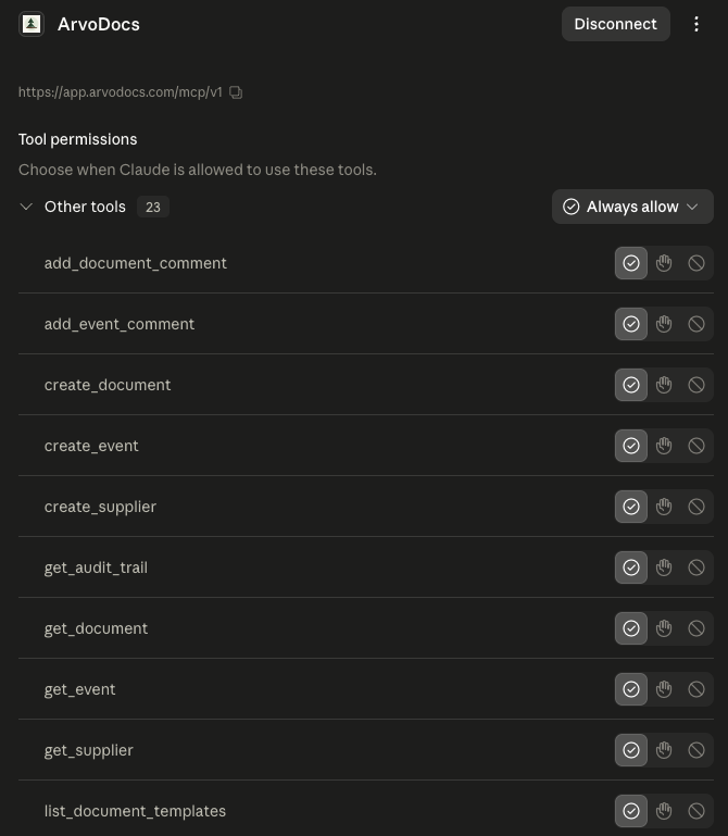 ArvoDocs connector page in Claude with a Disconnect button and the server URL. Tool permissions section lists 23 tools — add_document_comment, add_event_comment, create_document, create_event, create_supplier, get_audit_trail, get_document, get_event, get_supplier, list_document_templates — with Always allow set.
